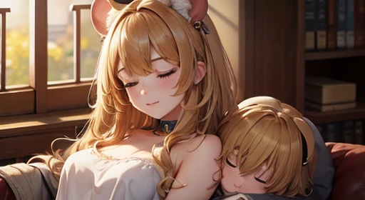 Gold hair, pure gold mouse sleeps in a brown-haired mans lap, highest quality, high res, masterpiece, mouse girl, golden girl, mouse ears