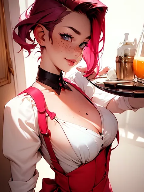 a closeup portrait of a playful maid, undercut hair, apron, amazing body, pronounced feminine feature, busty, kitchen, [ash blonde | ginger | pink hair], freckles, flirting with camera,