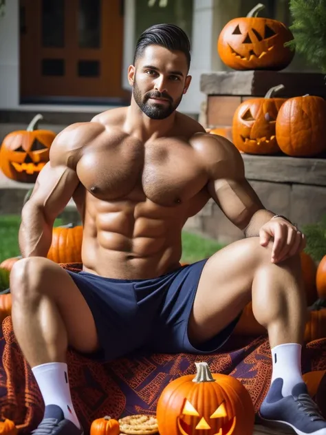 30 years old, big eyes, male, stubble, short hair, huge muscles, exaggerated muscles, mature man, muscle swelling, bodybuilding, pectoral muscles, abs, in the courtyard of European sculpture, jack-o-lantern, orange striped shirt, open shirt, pumpkin badge,...