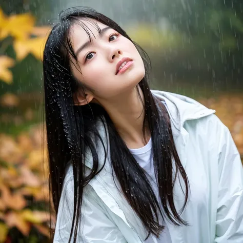 An ultra-high picture quality、Perfect Photo、japanes、Japanese female model、17 age、a beauty girl、indoor white background、fullllbody、Narrow-eyed、large mouth、the wind、The upper part of the body、Wet hair、Autumn clothes、worry、looking downwards、Getting wet in the...