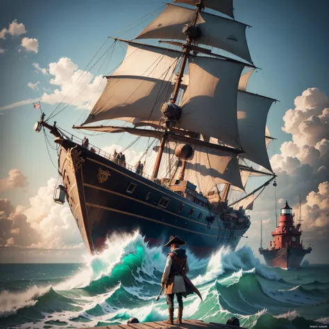 A pirate stands on the deck of a ship, his black clothes fluttering in the wind. He holds a telescope, and his long coat sways over the sea. The lighthouse in front of him illuminates the surroundings, creating a scene of adventure and mystery 4k --auto --...