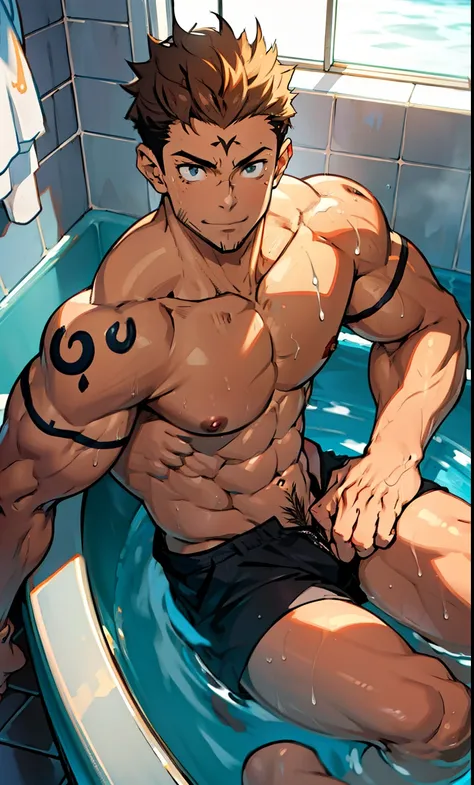 (canto da foto de baixo para cima) (imagem da mais alta qualidade) Lion man ,real, jovem, foco masculino, vestindo shorts, imagem de anime, lying in a bathtub full of water leaving only your chest exposed  , all under the bathtub water, being completely un...