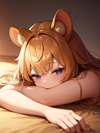 1girl, Mouse girl, Gold hair, gold fur, golden girl, mouse ears, pure gold mouse sleeps in a brown-haired mans lap, highest quality, high res, masterpiece