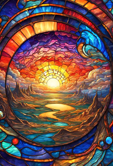 a magnificent sunset on a strange and mysterious alien Stained glass style planete. Its very textured and detailed with dreaming lot of whirlwind multicolored and dreaming dust