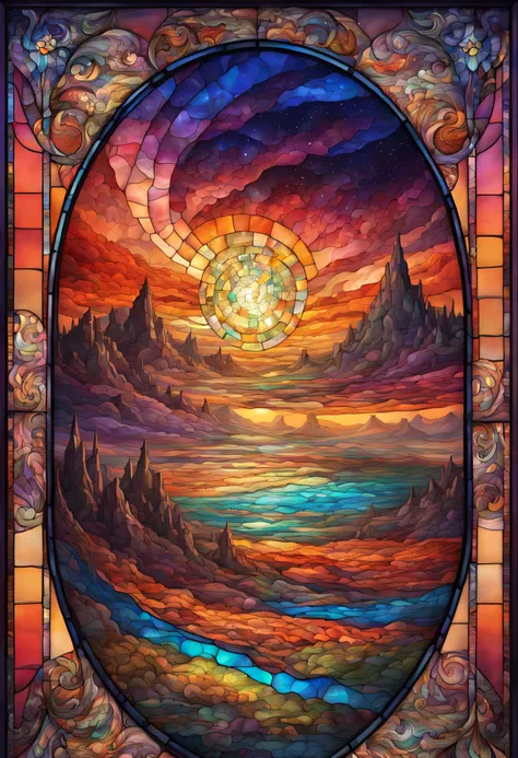 a magnificent sunset on a strange and mysterious alien Stained glass style planete. Its very textured and detailed with dreaming lot of whirlwind multicolored and dreaming dust