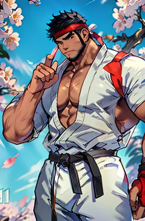 (masterpiece, best quality:1.2), cowboy shot, solo, male focus, 1boy, ryu \(\), middle age, peaceful face expression, peaceful p...