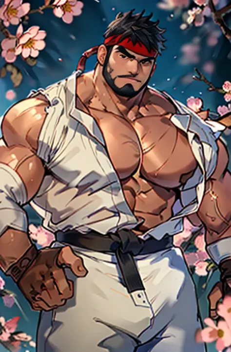 (masterpiece, best quality:1.2), cowboy shot, solo, male focus, 1boy, ryu \(\), middle age, peaceful face expression, peaceful p...