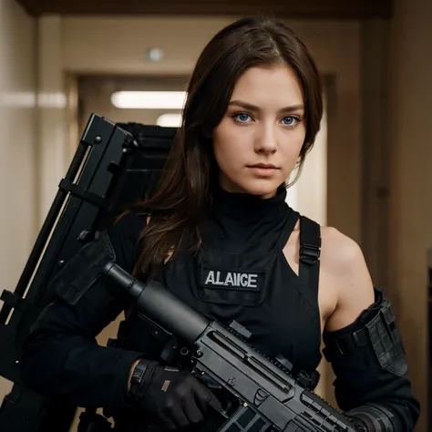 A woman with shoulder length brown hair and blue eyes wearing full black tactical gear holding an assault rifle