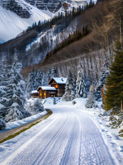 Mountain village, fir forest, snow, paths, river, --auto --s2