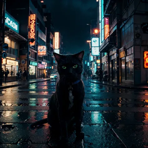 cyberpunk cat neonlights city pov wet streets ultra realistic