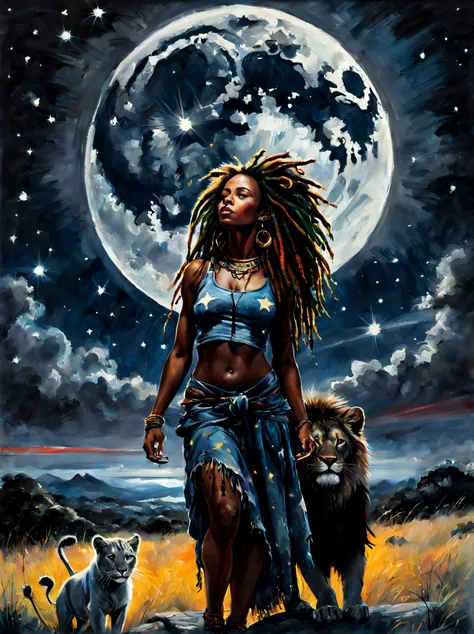 black Rastafarian girl with dreadlocks and a lion enjoying a starry night with a giant full moon that lights up the entire landscape with its silvery rays, colorful summer outfit stands out, Energetic and lively scene.
Estilo de Gabriele Dell&#39;Otto, Mei...