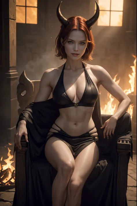 (Beautiful mature female (perfect face) demon), (Milla Jovovich:0.3), horns, tail, wicked smile, pale skin, (skin texture:1.1), (high detail plunging revealing demonic dress), wreathed in fire, (fiery eyes:1.2), fit athletic body, temptation, taking your s...