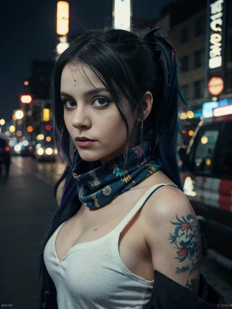 billie eillish with dramatic eyeliner, dragon tattoo on her back, dyed hair, highly detailed, cinematic look, city at night, cinematic, a black blue van gogh scarf,  , a scarf around her neck , feathers on black blue, suck big lollipop, photo of ohwx woman...