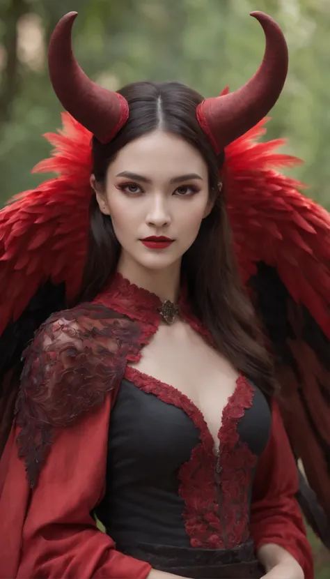 Generate images of demons with crimson wings. Give this image a captivating aura and powerful feather movement. Next, Add a devils dress designed to emphasize the lines of the body, With feather accents to create a dark and mysterious atmosphere. reeds, Co...