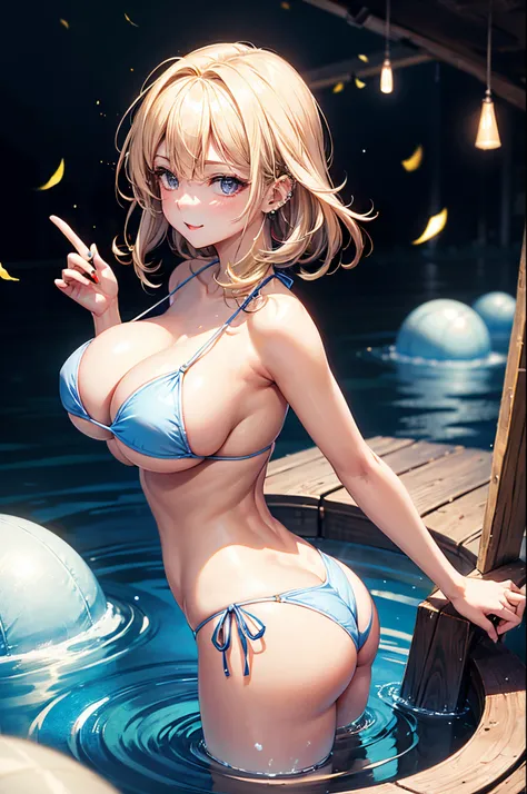 realisitic、top-quality、女の子 1 人、25-years old、Light colored hair、piercings、Shy face、Fancy Bikini、beautiful boob 、sexypose、s ass、tubs、Particles of light、profetional lighting、large boob、Beautiful