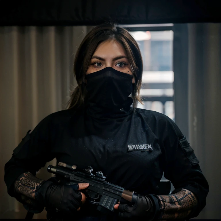 A chubby brown haired blue eyed woman wearing all black tactical gear and a black face mask with fangs only covering her mouth and nose. With a cool spider arm tattoo. Holding an assault rifle