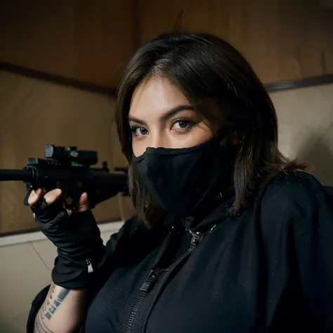 A chubby brown haired blue eyed woman wearing all black tactical gear and a black face mask with fangs only covering her mouth and nose. With a cool spider arm tattoo. Holding an assault rifle