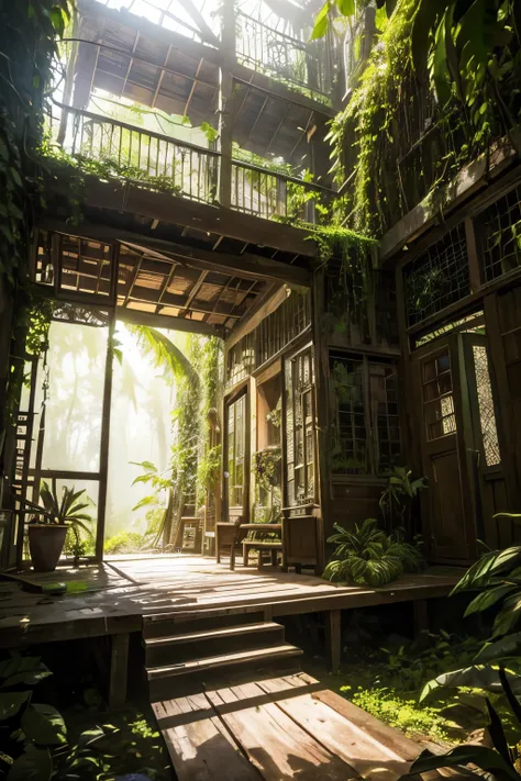 junglepunk-house,junglepunk style,dilapidated old house in the middle of a dense jungle,detailed moss-covered walls,vibrant overgrowth of exotic plants,giant tree roots entwined with the structure,rich color palette with lush greens, earthy browns and pops...