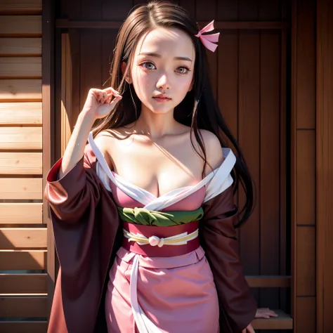 masterpiece, realistic eyes, best quality, bamboo, closed mouth, beautiful lighting, cinematic, 8k, 1girl, facial, wet face, liner, wooden walls, medium tits, pink kimono, kamado nezuko, pink eyes,