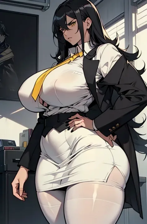 pale skin ((1 girl)) ((((muscular)))), ((huge tits)) ((thick thighs)) ((wide hips)) ((toned body)) ((curvy)) (thick thighs)) (pale skin) black hair very long hair yellow eyes angry (black blazer over white shirt pantyhose pencil skirt)