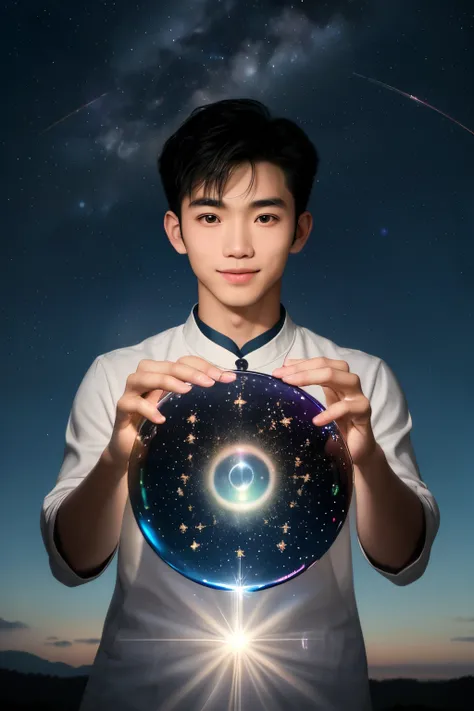 beneath twinkling stars, a handsome, high IQ, young Johnny Tri Nguyen—a bright, super intelligent Asian boy. His eyes are filled with amazement. bubbles, vibrant and colorful, gracefully floats in the air before him. The scene  bathed in lens flares and bo...