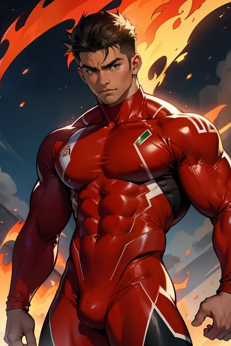 a  teen (young) muscular mexican hero with red fire spandex suit