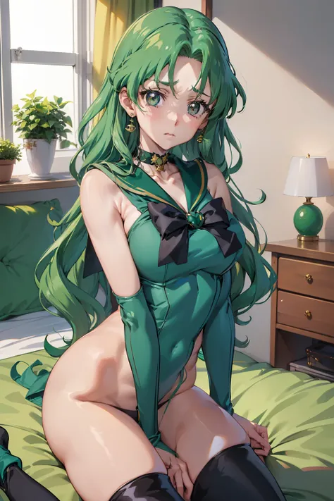 masutepiece, Best Quality, 1girl in, (Sailor Neptune),Green head hair, (Green eye:1.2),((Upper body naked))、((long boots))、((thigh high socks room))、length hair、poneyTail、((embarassed expression))、((Bedroom))、((Black panties))、((Poses that emphasize breast...