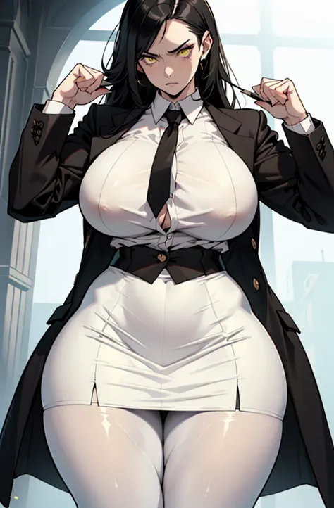 pale skin ((1 girl)) ((((muscular)))), ((huge tits)) ((thick thighs)) ((wide hips)) ((toned body)) ((curvy)) (thick thighs)) (pale skin) black hair very long hair yellow eyes angry (black blazer over white shirt pantyhose pencil skirt)