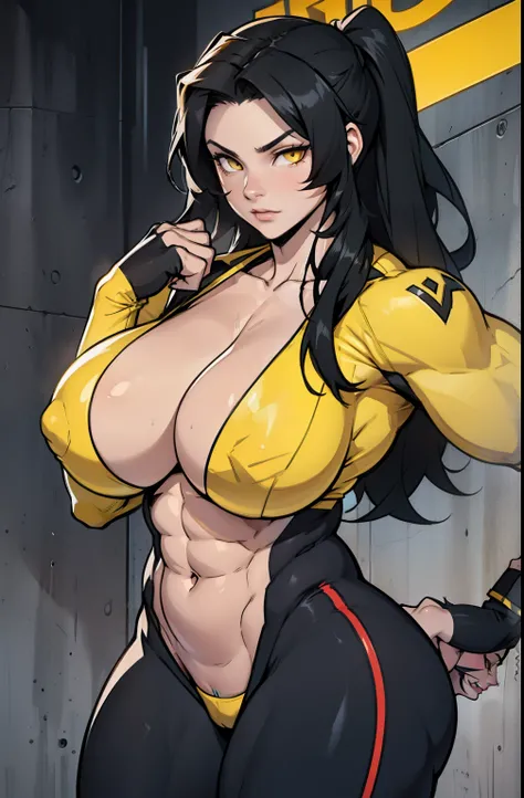 (((muscular girl))) black hair yellow eyes pale skin huge breasts skintight seductive