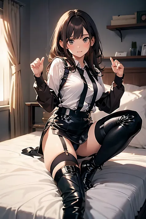 Brown hair、watching at viewers　　　black suspenders　　　Bulging big breasts　　 　 　　　walls: 　Black miniskirt　garters　　　　　　Gaze　　　Small face　bangss 　　　holster　　　Beautuful Women　　hands up　　Leg holster lying on the bed　　Gaze 　black boots panty shot