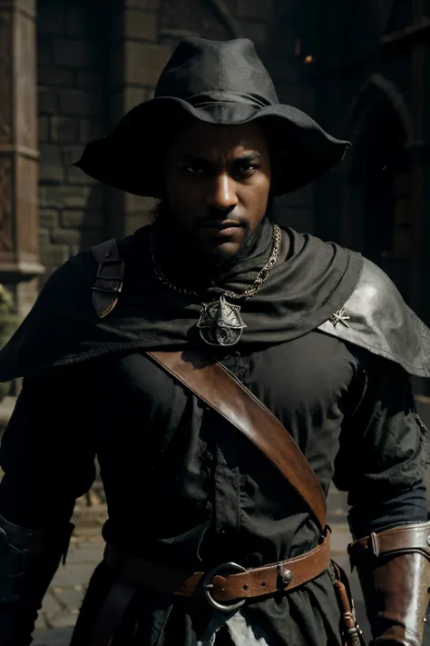 black man, bloodborne inspired rpg character, rpg medieval time, D&D character art, fighting a vampire