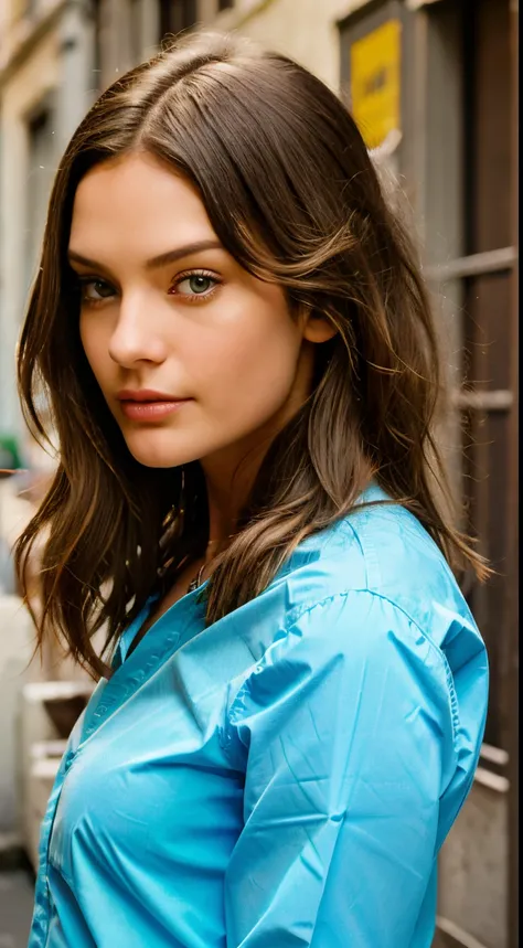 Portrait of a sexy power hippie 21 years old woman in bohemian button down shirt. deep neckline. Closed protrait.  
standing in a narrow city street.
hiper realistic photo. 8k nikon 50mm f2.8.