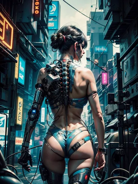 ((1 cybernetic girl)), ((fringe and bangs hairstyle)), (mechanical made limbs s:1.2),((mechanical limb)),((mechanical vertebra attaching to back),((mechanical cervical attaching to neck)),(wires and cables attaching to neck:1.2),(wires and cables on head:1...