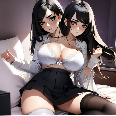 2heads, tall thin woman with 2 heads. Teenager. In a bedroom. Laying down on back. Sheer bra. Miniskirt. Thigh socks. Messy hair. Happy. Blushing. Spunky. Think eyeliner. Seductive. Pulling shirt, touching breasts. Big erect nipples. Huge thighs. Girlfrien...