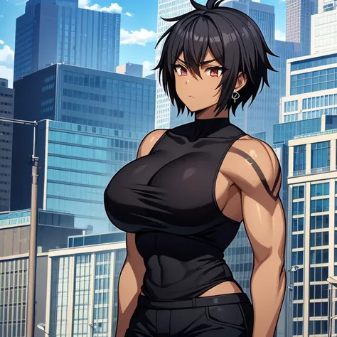 Black woman, tomboy, 2.50 tall, muscular, giant breasts, tank top, earrings, tattoos, extremely muscular, tall, two meters and fifty tall, Giant two meters tall, extremely muscular, Very toned muscles, giant woman, huge woman, Tomboy, extremely short hair,...