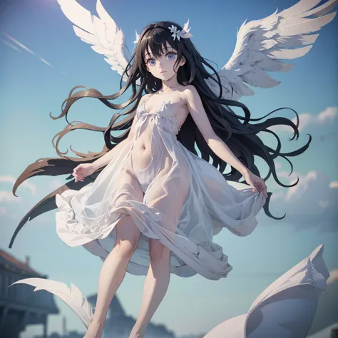 ​masterpiece, top-quality, in 8K, realperson, realisitic, Highly detailed CG, shinny skin, Fully Focused, surrealistic, blue-sky, ((Floating in the air)), The Glory of God, ((Little Angel)), cute little, Appearance of about 10 years old, (fullnude), white ...