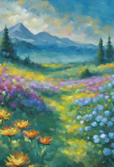 oil painting, set of rough oil photoshop brushes, well lit interior, in a bright field of wildflowers, bright colors