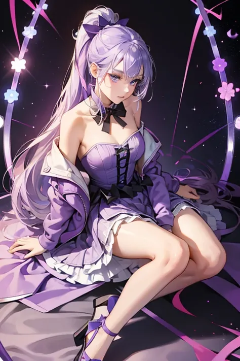 Violet is a fair-skinned teenager with a medium build. She has lavender, hip-length hair partially pulled up into a high ponytail decorated with streaks of silver and periwinkle. Her large, blue eyes are framed by her blunt fringe. Her makeup typically con...