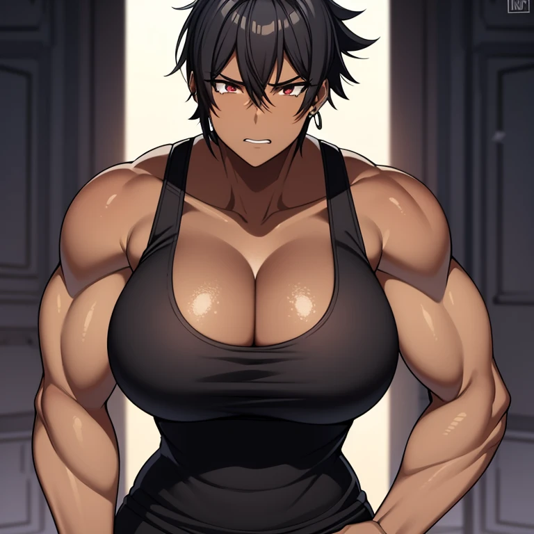 Black woman, tomboy, 2.50 tall, muscular, giant breasts, tank top, earrings, tattoos, extremely muscular, tall, two meters and fifty tall, Giant two meters tall, extremely muscular, Very toned muscles, giant woman, huge woman, Tomboy, extremely short hair,...