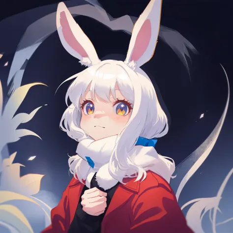 anime character with white hair and rabbit ears wearing a red coat, bunny girl, with long floppy rabbit ears, with big rabbit ears, digital art on pixiv, anthropomorphic rabbit, zerochan art, detailed fanart, soft anime illustration, with bunny ears, cute ...