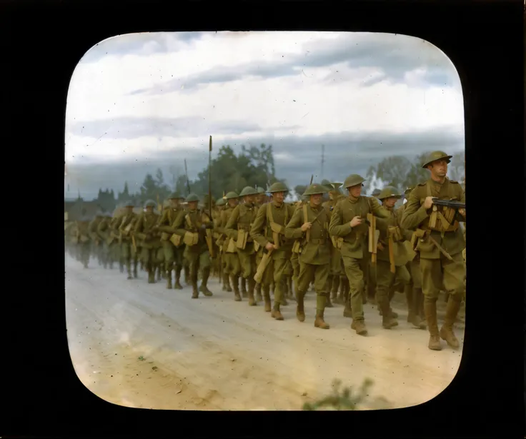 soldiers marching down a dirt road with a sky background, ww1 film photo, taken on a ww 1 camera, soldiers charging in, soldiers running, colourised, ww1 photo, colourized, autochrome, 4 k photo autochrome, soldiers, autochrome photograph, several soldiers...