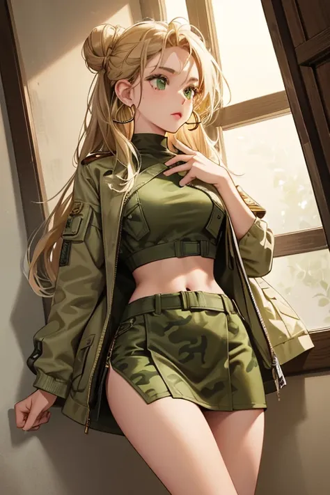 Olivia has a medium build with warm toned tan skin, small olive green eyes, and angular brown eyebrows. Her hair is long and wavy with two twisted buns of her head, being a mix of olive green tones. She also has long edges and baby hairs, bronze and olive ...