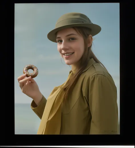 arafed man in a hat holding a donut and winking, smiling, autochrome pearl portrait, autochrome photograph, colorized photograph, autochrome, 4 k photo autochrome, old color photograph, award winning colorized photo, full color photograph, award winning au...