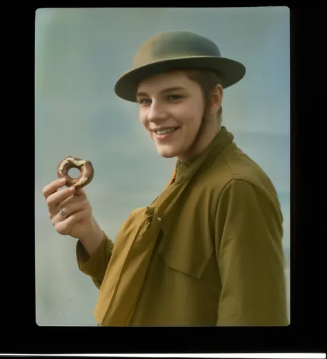 arafed man in a hat holding a donut and winking, smiling, autochrome pearl portrait, autochrome photograph, colorized photograph, autochrome, 4 k photo autochrome, old color photograph, award winning colorized photo, full color photograph, award winning au...