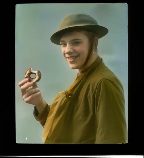 arafed man in a hat holding a donut and winking, smiling, autochrome pearl portrait, autochrome photograph, colorized photograph, autochrome, 4 k photo autochrome, old color photograph, award winning colorized photo, full color photograph, award winning au...