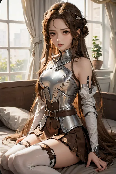 asunayuuki, asuna yuuki, long hair, brown hair, (brown eyes:2), (small breast:1.2),
BREAK skirt, thighhighs, bare shoulders, detached sleeves, armor, white thighhighs, breastplate,
BREAK indoors, bed, bedroom,
BREAK looking at viewer, BREAK (masterpiece:1....