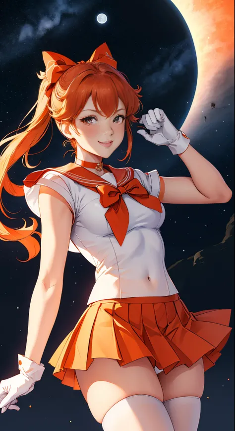 masutepiece, Best Quality, hight resolution, SV1, Sailor Senshi Uniform, Orange skirt, White shorts、elbow groves, tiarra, Pleated skirt, Miniskirt, White panty、Red bow, orangechoker, White Gloves, Jewelry, Starry sky, badass pose, slight smile, Portrait, f...