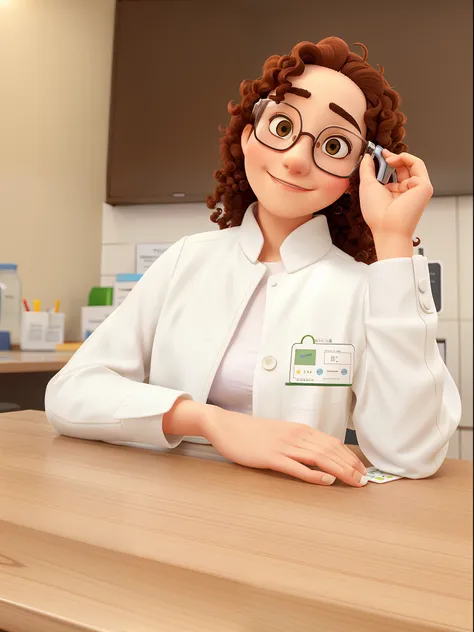 woman, with glasses, curly hair, white coat, nutrition office in the background