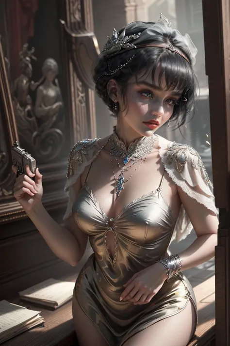 (Masterpiece - Ultra-Detailed, High Resolution) Prepare to be enchanted by a true masterpiece that combines ultra-detailed art with high-resolution rendering. This work shows a mesmerizing woman, short hair, 1920s style, wearing a beret, carrying a gun, a ...