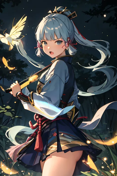 masterpiece:1.2, ayaka kamisato standing, (turned right1:1), katana in left hand, forest at night, fireflies glow, v brows, (open mouth), visible teeth, serious expression, looking at viewer, angry, sideview